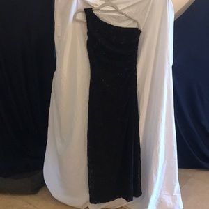 One shoulder, floor length, sequins, side slit